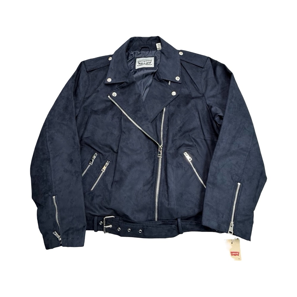 Levi Moto Jacket Womens 2X Navy Blue Faux Suede Belted Biker New Workwear